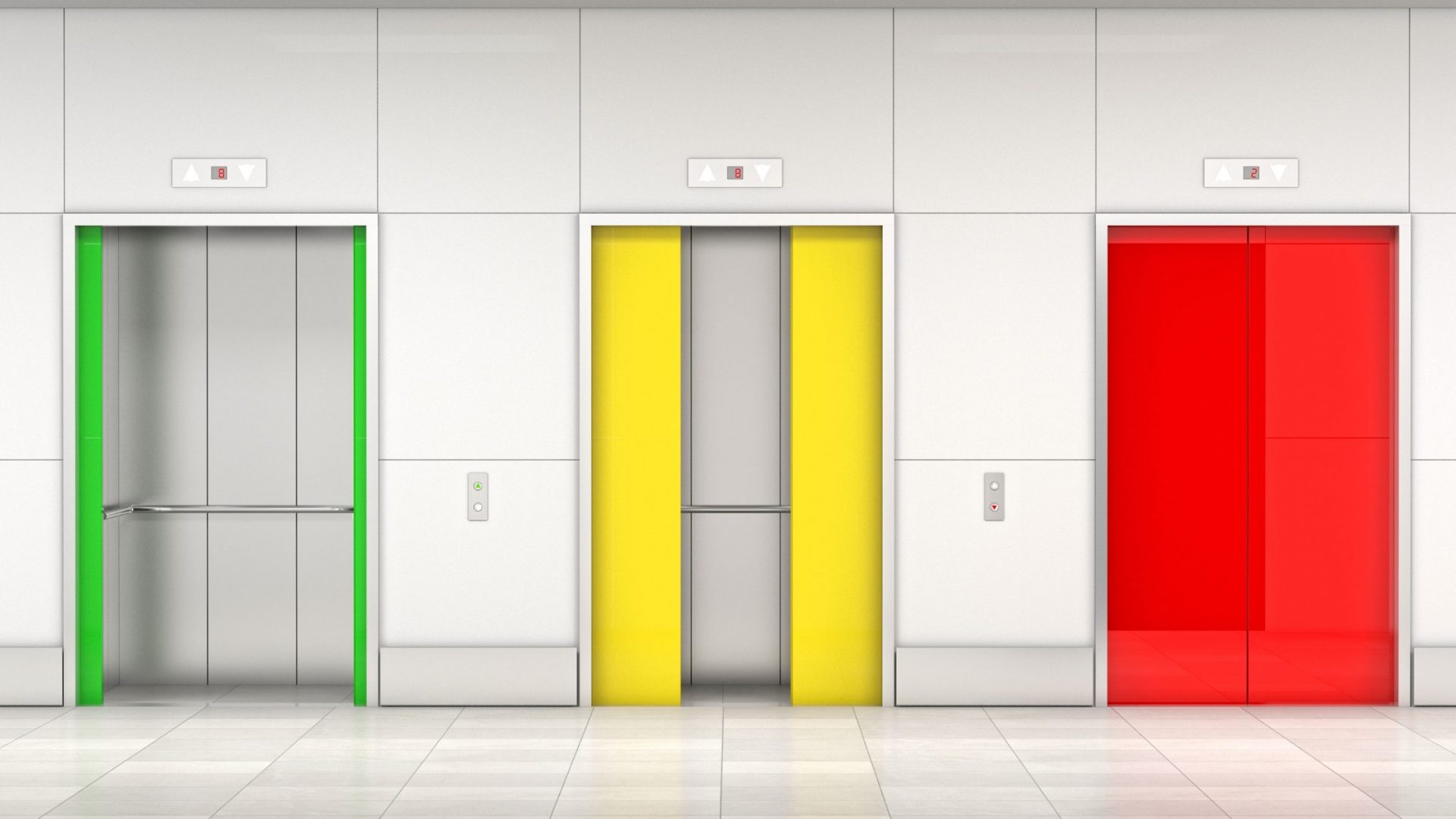 Three elevators with coloured doors - an open green door, a half open yellow door and a closed red door